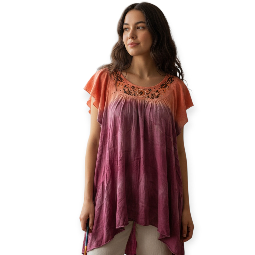 Womens ONE WORLD Short Sleeve Boho Ombre Top Shirt Sz SMALL Floral Embroidery